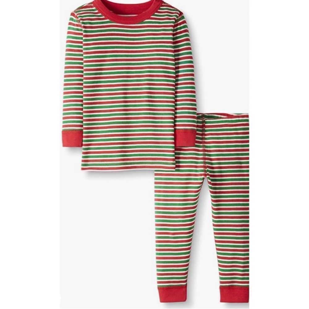 Hanna Andersson Moon & Back Holiday Green Red Striped Long John PJ Set Sz 12